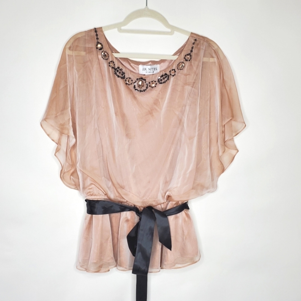 J. R. Nites Sheer Overlay Beaded Top Size 14 Lined Tie Waist Peplum
